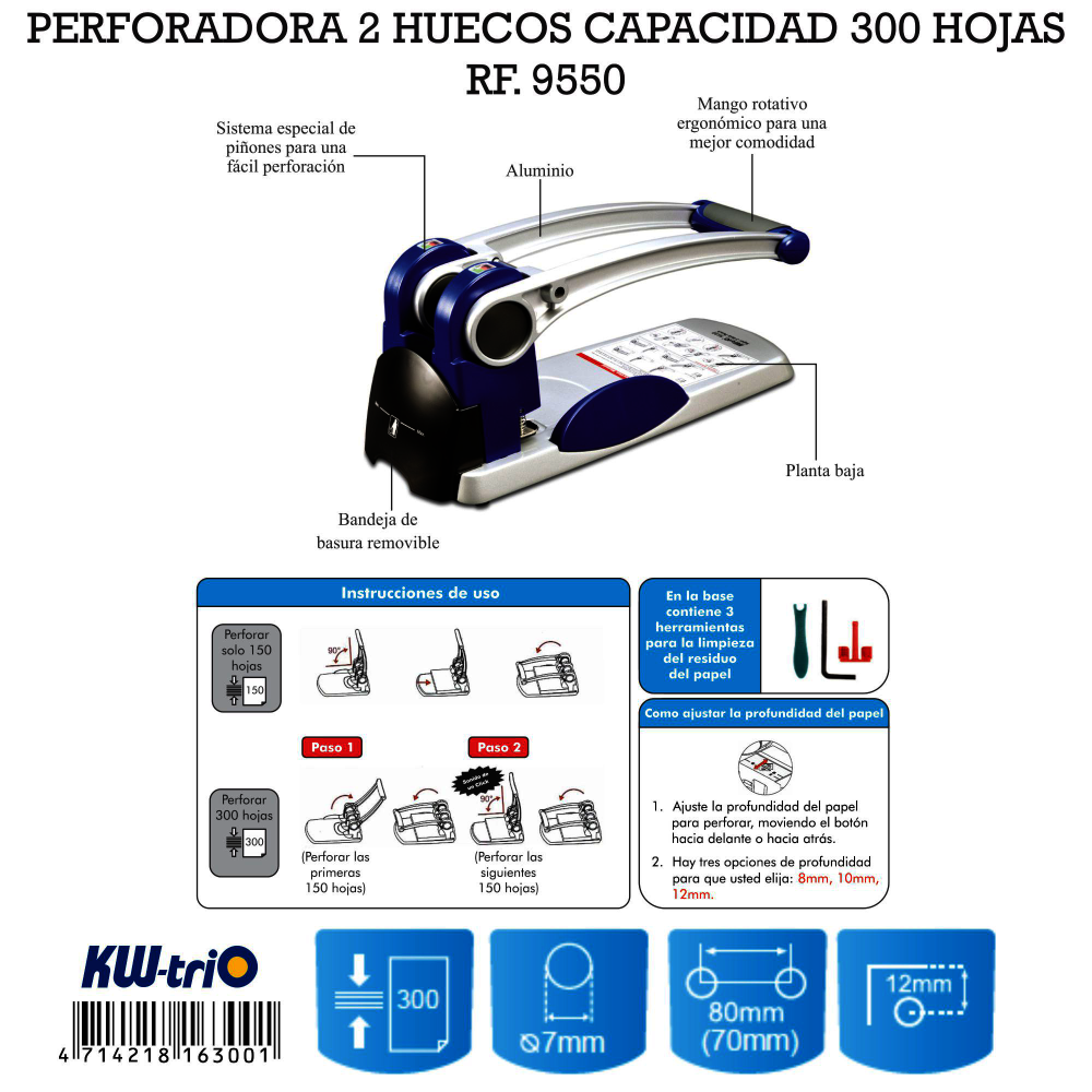 PERFORADORA KW-TRIO 300 HOJAS 2 HUECOS RF9550