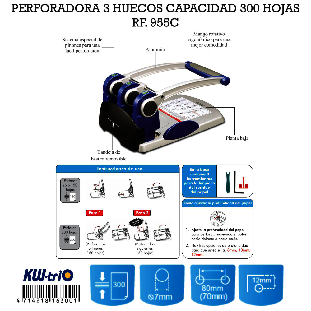 PERFORADORA KW-TRIO 300 HOJAS 3 HUECOS RF955C