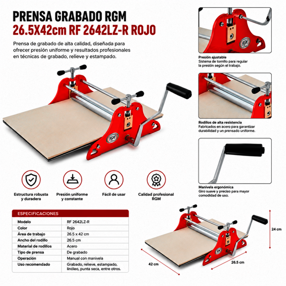 PRENSA PARA GRABADO | RGM |  26.5X42CM | 2642LZ ROJO | TORCULO 